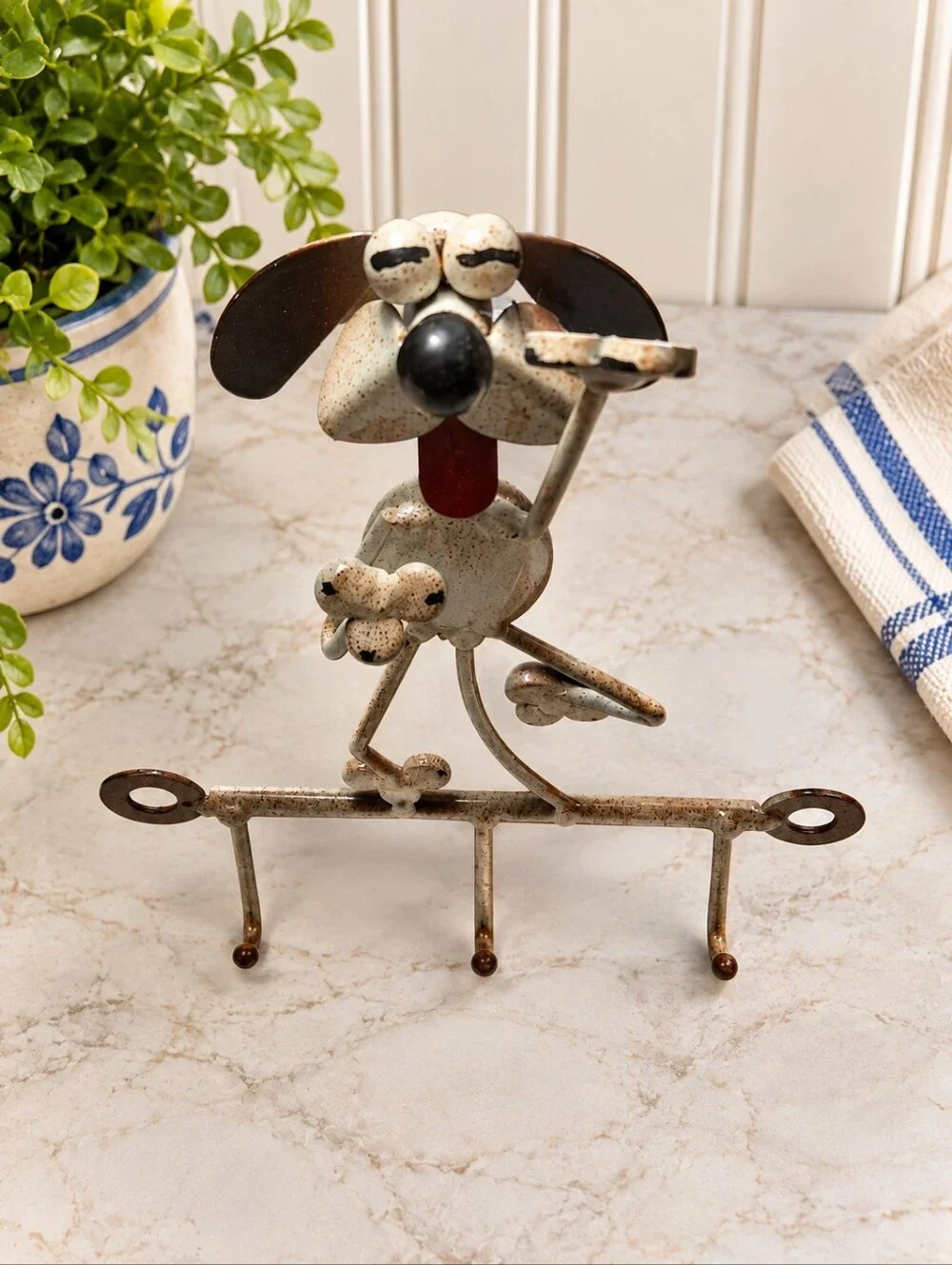 Whimsical Vintage Enamel Dog Wall Rack • 3 Hook • Dog Lover Decor